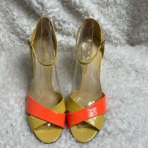 Kate Spade patent leather mustard yellow and coral ankle strap sandals size 9.5